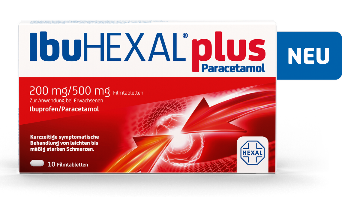 IbuHEXAL<sup>&reg;</sup> plus Parace&shy;tamol 200 mg/ 500 mg<br>Das Plus macht den Unterschied