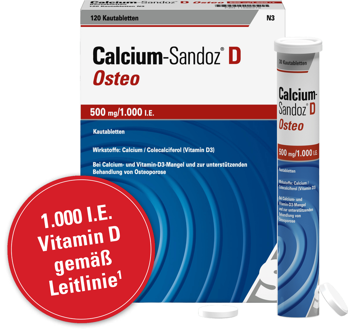 <span class="text-nowrap">Calcium-Sandoz<sup>&reg;</sup></span> D Osteo 500&nbsp;mg/ 1000&nbsp;I.E. Kautabletten – den Knochen zuliebe